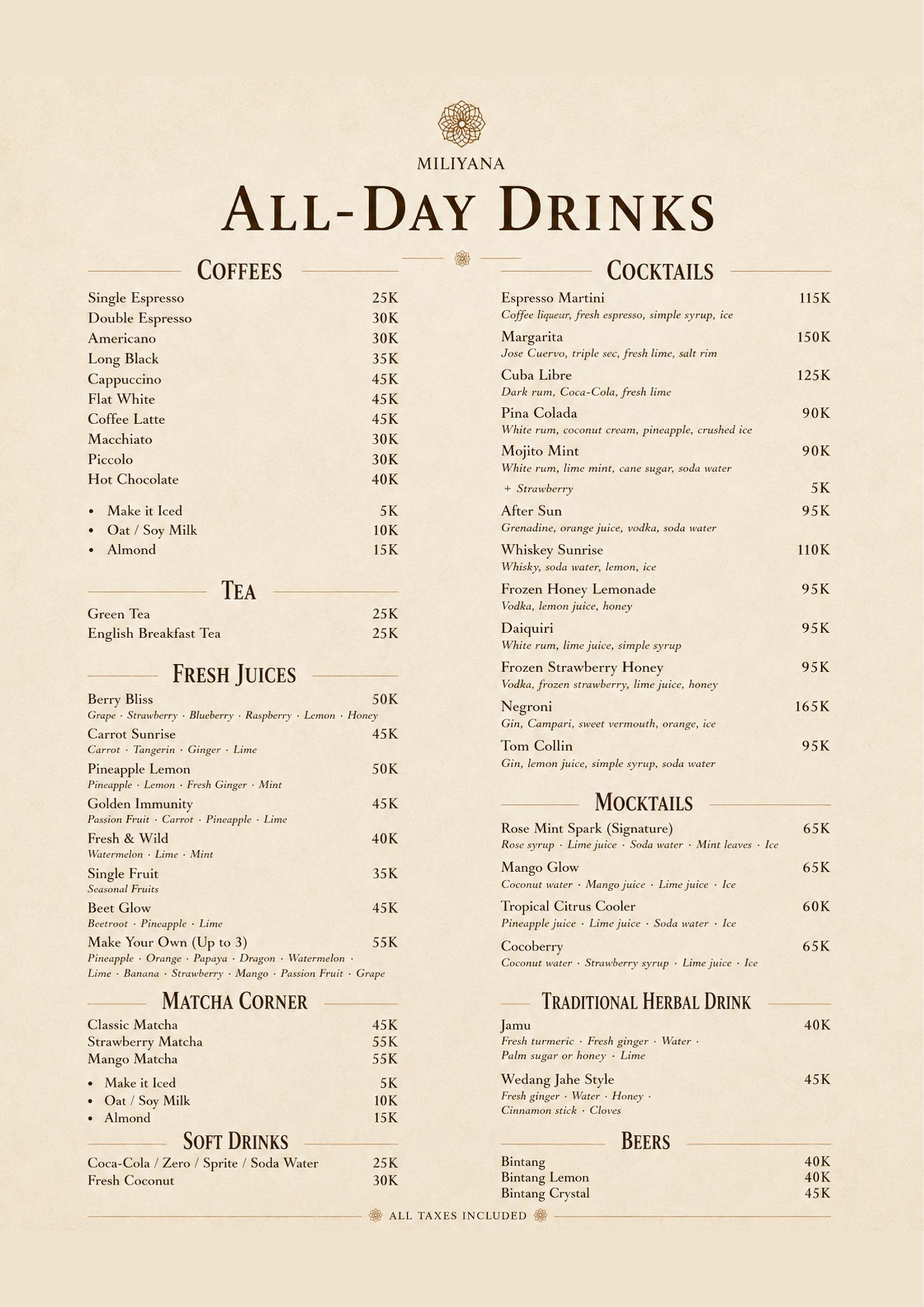 Miliyana menu, All Day Drinks