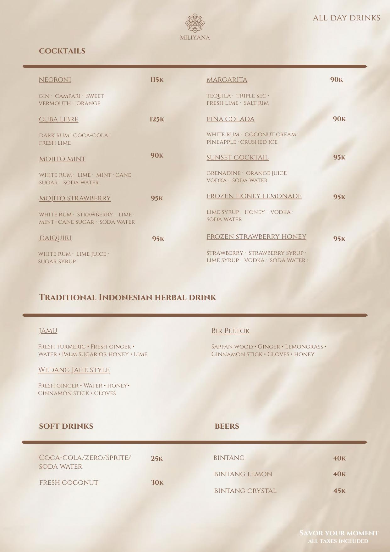 Miliyana menu — Cocktails & Drinks