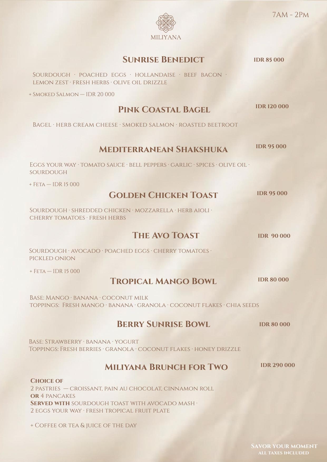 Miliyana menu — Brunch