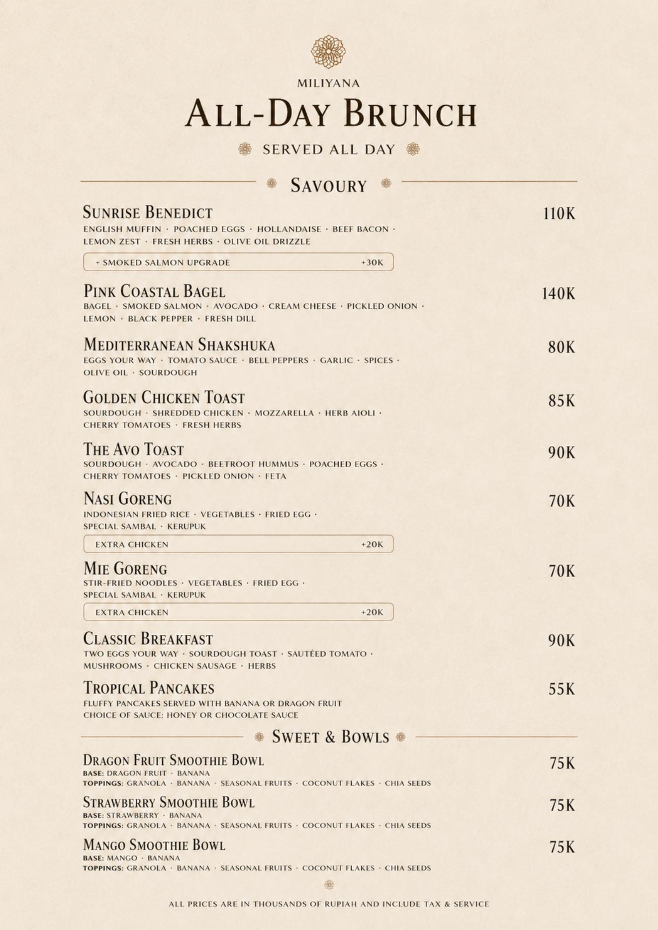 Miliyana menu, All Day Brunch