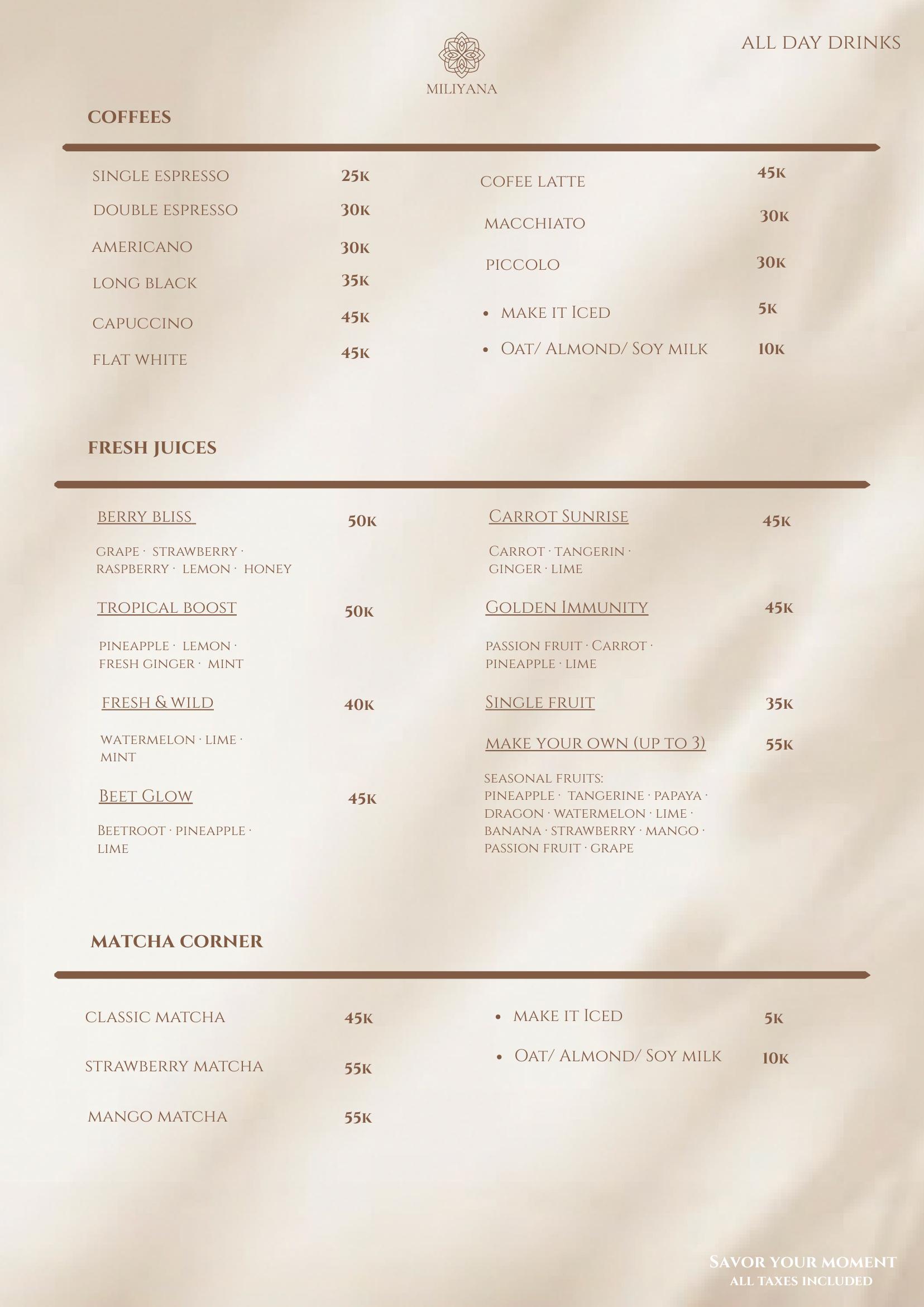 Miliyana menu — Coffees & Juices